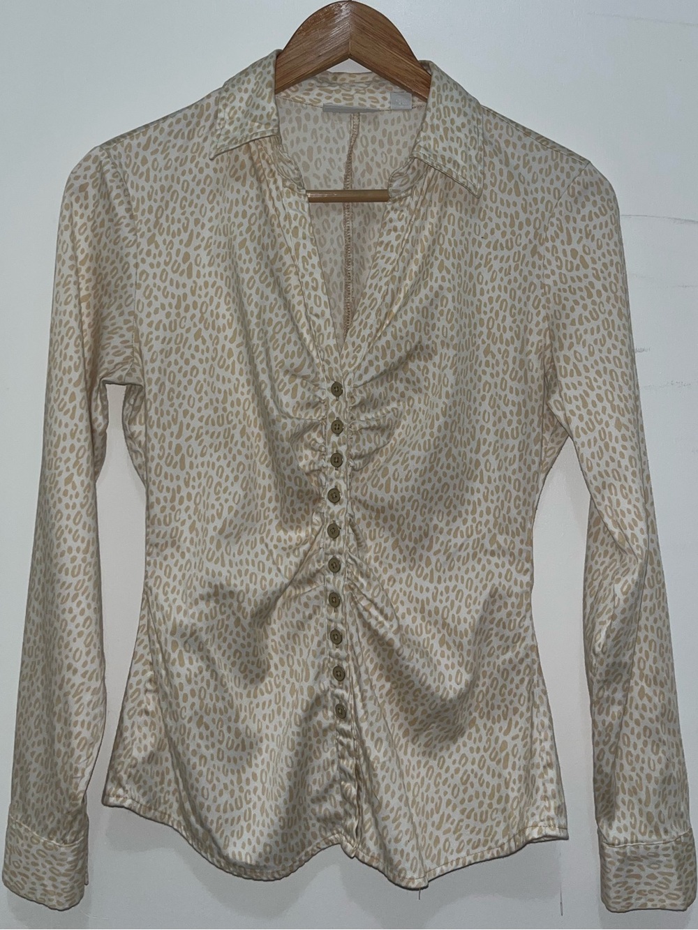 Stretch Leopard Print Button Down Shirt - Beige